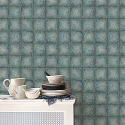 Galerie Wallcoverings Product Code G67783 - Ambiance Wallpaper Collection - Teal Silver Colours - Metallic Tile Design